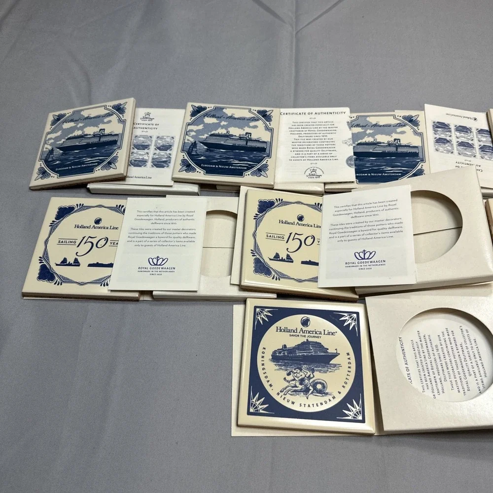 Lot of 8 Holland America Line Delft Blue Ceramic Tile Coasters Cork #4